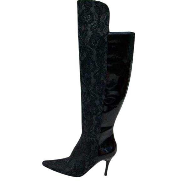 Donald Pliner Black Lace Patent Leather Boot Shoe New Over The Knee $695 NIB - Picture 3 of 6